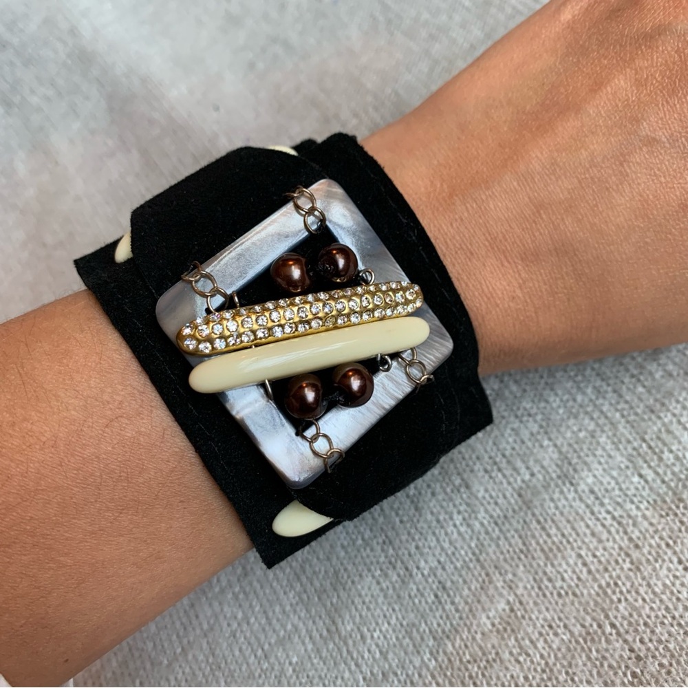 Hand crafted - Black Leather Cuff pearls  bead metal pieces ajustable bracelet